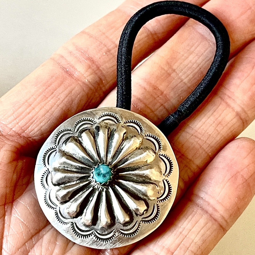 Turquoise Navajo Hair Tie 1.25in Ponytail Hand Stamped Sterling‎ Ornament Concho